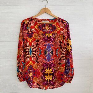 LOFT - Bright floral split long sleeve chiffon top, XS